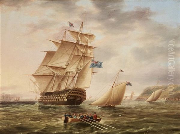 A British Ship Of The Blue Fleet Sailing Out Past Racing Cutters Oil Painting by James Edward Buttersworth