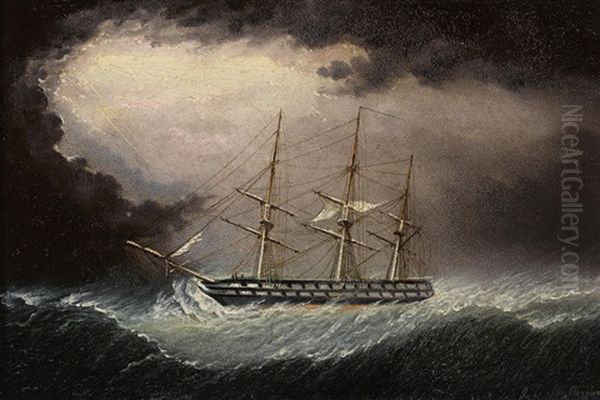 A British Warship In Heavy Weather Oil Painting by James Edward Buttersworth