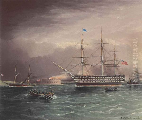 The U.s.s. Pennsylvania Under Tow At The Outbreak Of The American Civil War With Fort Monroe In The Background Oil Painting by James Edward Buttersworth