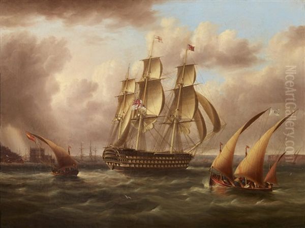 A Three-decker Of The White Fleet Off Belem Castle Oil Painting by James Edward Buttersworth