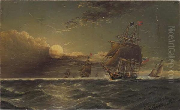 Ships In Full Sail, One With American Flag, In The Moon Light Oil Painting by James Edward Buttersworth