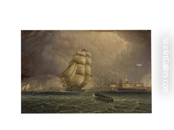 A British Ship Of The Line Firing A Salute While Departing Portsmouth Harbour Oil Painting by James Edward Buttersworth