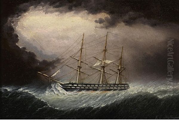 A British Warship In Heavy Weather Oil Painting by James Edward Buttersworth