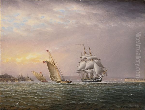 American Ship In The Tagus River Off Belem Tower Oil Painting by James Edward Buttersworth