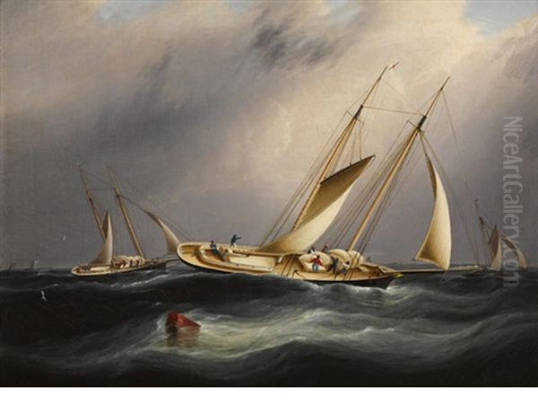 Schooners From The New York Yacht Club Reefing Off Sandy Hook Oil Painting by James Edward Buttersworth