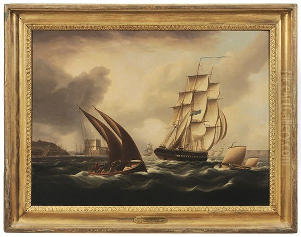 A British Frigate In The Tagus Off Belem Castle Oil Painting by James Edward Buttersworth