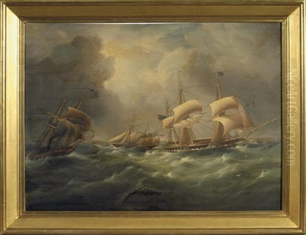 Two British Frigates And An American Ship Giving Chase Oil Painting by James Edward Buttersworth