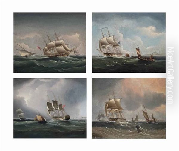 A Royal Navy Frigate...; Warships And Other Coastal Craft...; A Royal Navy Frigate Running...; A Royal Navy Two-decker... (4 Works) Oil Painting by James Edward Buttersworth