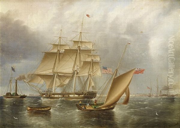 An American Ship Being Towed Out With Other Shipping Oil Painting by James Edward Buttersworth