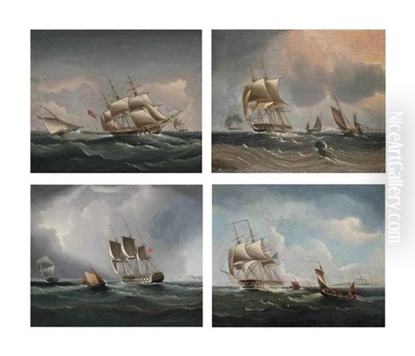 A Royal Navy Two-decker..., Warships And Other Coastal Craft..., A Royal Navy Two-decker Running Before... And A Royal Navy Two-decker...(4 Works) Oil Painting by James Edward Buttersworth