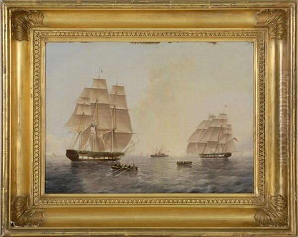 Two American Full-rigged Ships Offshore Alongside A Side-wheel Steamship And Two Dories With Crewmen Oil Painting by James Edward Buttersworth