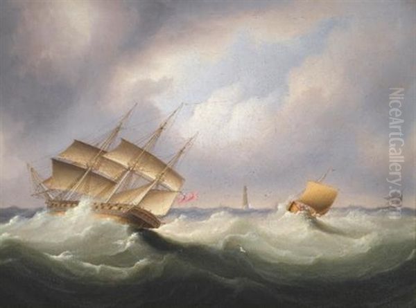 Frigate Off A Lighthouse Oil Painting by James Edward Buttersworth