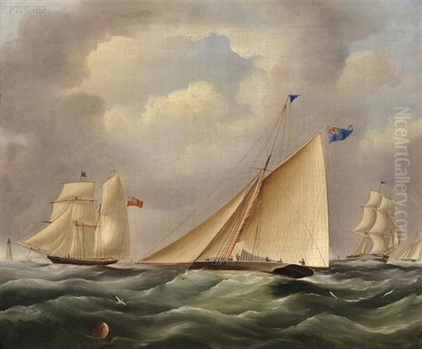 A Cutter And Other Shipping Near A Lighthouse Oil Painting by James Edward Buttersworth