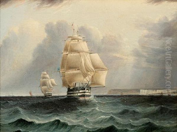 A British Ship Of The Line Leading The Blue Squadron Past Dover Oil Painting by James Edward Buttersworth