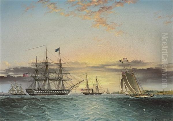 The U.s.s. Ohio Under Tow In The Lower Bay, New York, With A View Of Fort Hamilton Oil Painting by James Edward Buttersworth