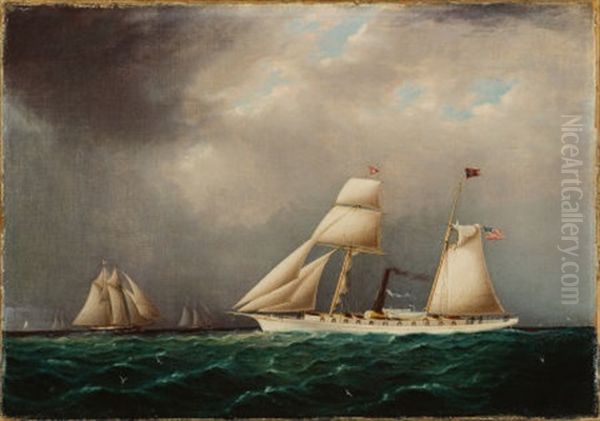 American Steam-sail Yacht Emily At Sea With Four Schooners Off Bow Oil Painting by James Edward Buttersworth