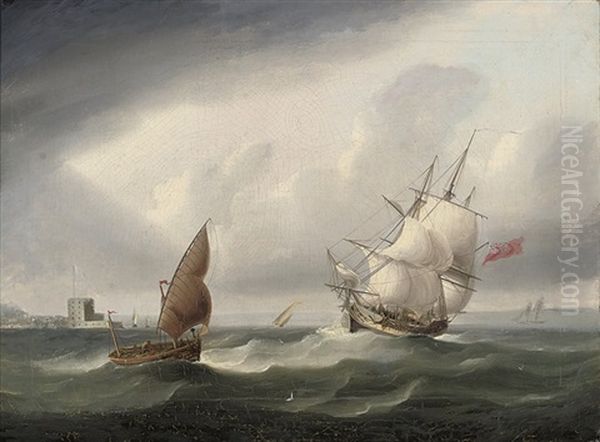 A Royal Navy Frigate Passing The Belem Tower Oil Painting by James Edward Buttersworth