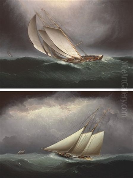 Two Schooners Racing In Heavy Seas (+ The Dauntless; Pair) Oil Painting by James Edward Buttersworth