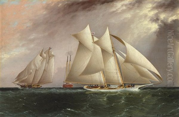 Columbia Leading Dauntless Around The Sandy Hook Lightship In The Hurricane Cup Race Oil Painting by James Edward Buttersworth