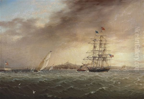 A Large Merchantman Being Towed Into Boston Amidst Yachts Racing Offshore, A Panorama Of The City Beyond Oil Painting by James Edward Buttersworth