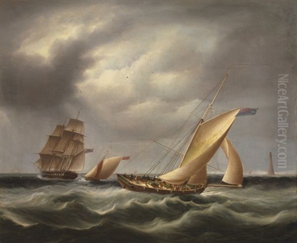 A Royal Navy Frigate Off The Bishop's Rock Lighthouse With Two Armed Cutters Off Her Stern Oil Painting by James Edward Buttersworth