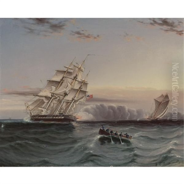 Us Frigate And Privateer Oil Painting by James Edward Buttersworth