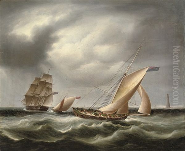 A Royal Navy Frigate Off The Bishop's Rock Lighthouse, With Two Armed Cutters Off Her Stern Oil Painting by James Edward Buttersworth