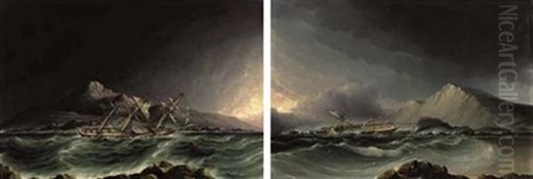 An American Clipper In Distress Off A Rocky Shore (+ Another; Pair) Oil Painting by James Edward Buttersworth