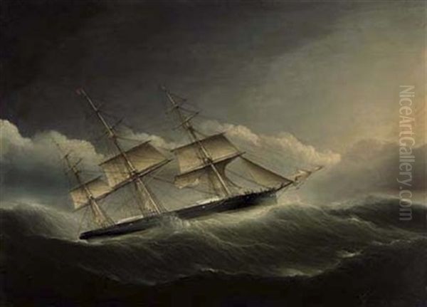 An American Clipper Ship Battling Through A Hurricane Under Reduced Sail Oil Painting by James Edward Buttersworth