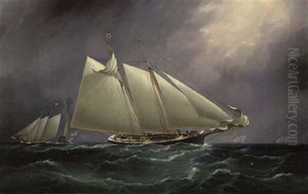 "dauntless" Leading "columbia" At The Lightship With "madeleine" Following Oil Painting by James Edward Buttersworth