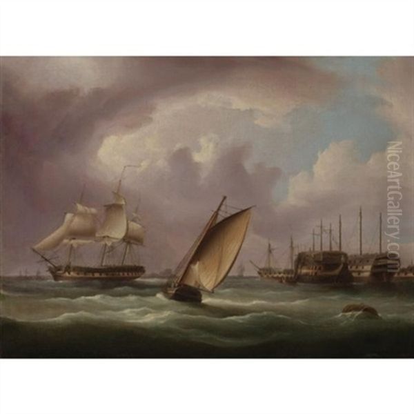 American Frigate And English Prison Hulks Oil Painting by James Edward Buttersworth