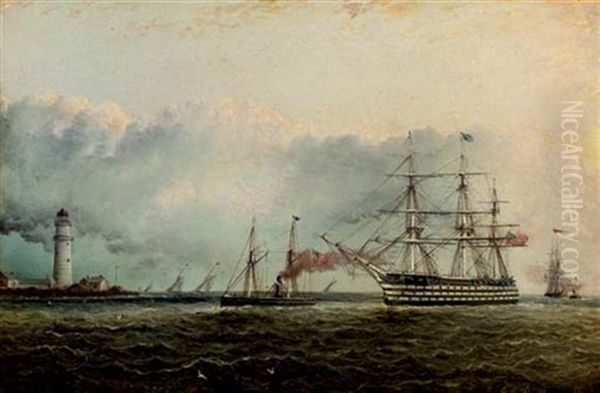 An American Ship Of The Line Under Tow Off A White Lighthouse Oil Painting by James Edward Buttersworth