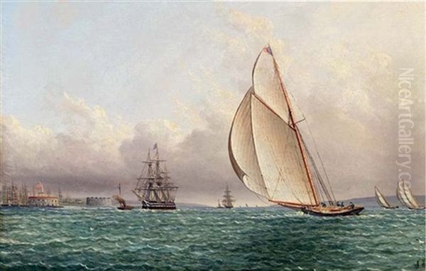 Racing In New York Harbor Off Castle William And Govenor's Island Oil Painting by James Edward Buttersworth