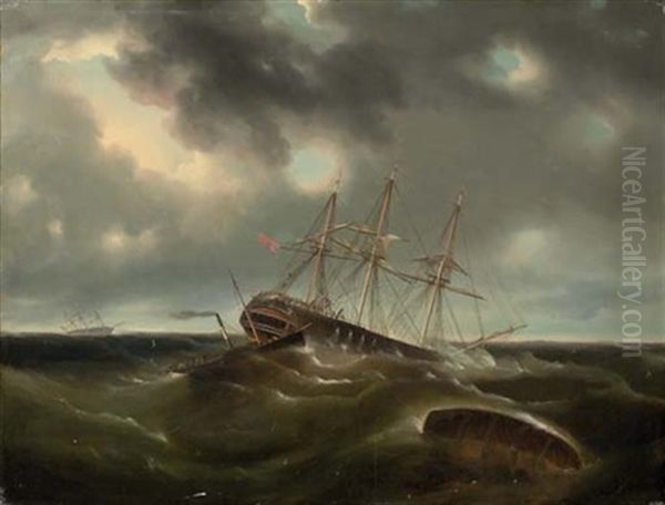 The Merchant Ship "lockwoods" Caught In A Gale Off Liverpool, A Paddle Tug Arriving To Assist Oil Painting by James Edward Buttersworth