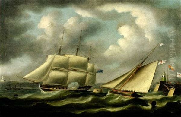 British Frigate Firing On A Cutter Off The English Coast Oil Painting by James Edward Buttersworth