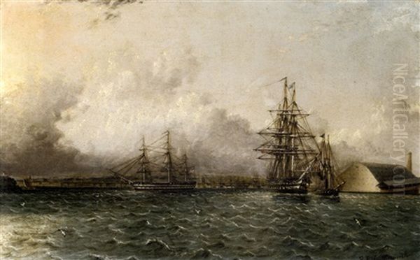 An American 74 Gun Ship In Two Positions Being Towed Off The Chapman's Dock And The Old Brooklyn Navy Yard, East River, New York Oil Painting by James Edward Buttersworth