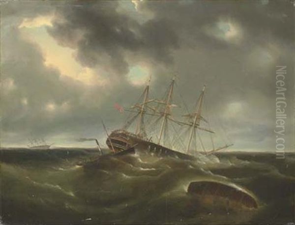 The Merchant Ship "lockwoods" Caught In A Gale Off Liverpool, A Paddle Tug Arriving To Assist by James Edward Buttersworth