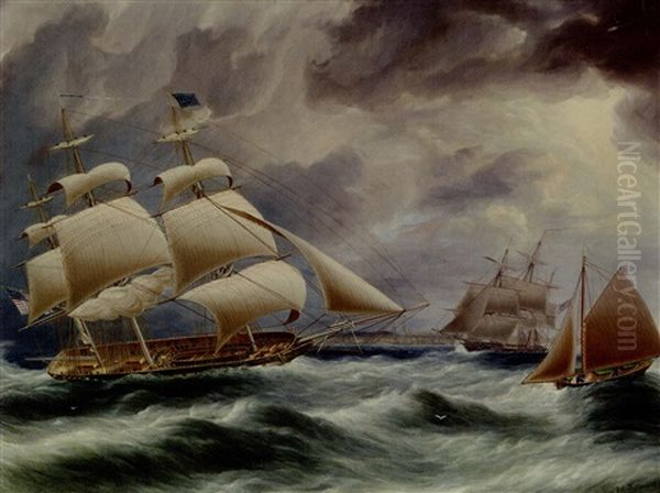 A Three-masted U.s. Merchantman Shortening Sail Off The American Coast Oil Painting by James Edward Buttersworth