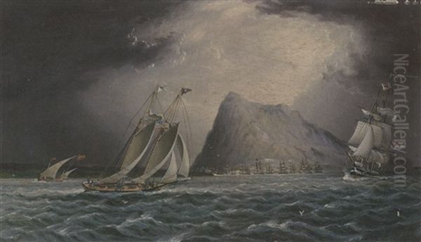 A New York Yacht Club Schooner Off Gibraltar With A Naval Fleet Anchored In The Distance by James Edward Buttersworth