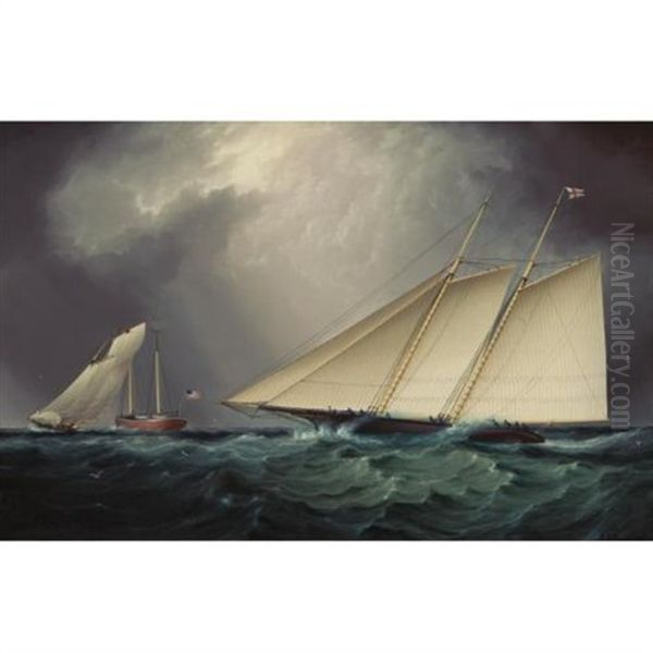 Columbia Vs. Livonia, Racing Off Sandy Hook Oil Painting by James Edward Buttersworth