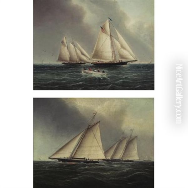 American Racing Yachts, Racing Off The East End Of Long Island (pair) Oil Painting by James Edward Buttersworth