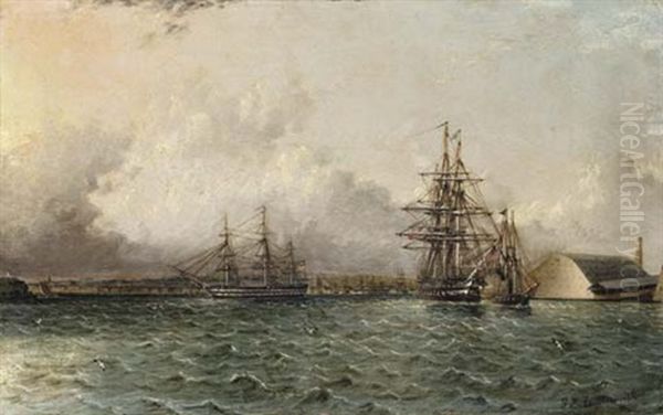 An American 74 Gun Ship, 0ld Brooklyn Navy Yard, East River, New York Oil Painting by James Edward Buttersworth