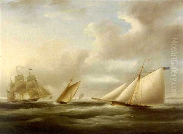 A Frigate And Schooner Yachts Off A Coast Oil Painting by James Edward Buttersworth