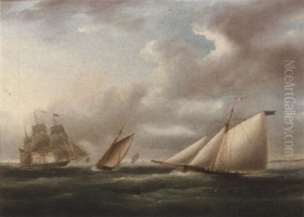 Two Racing Cutters On Opposite Tacks With A Royal Naval Frigate Off To Windward Oil Painting by James Edward Buttersworth