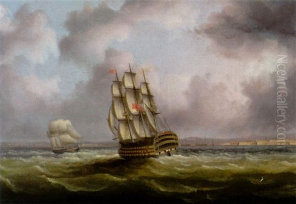 An English Frigate Off Cadiz Oil Painting by James Edward Buttersworth