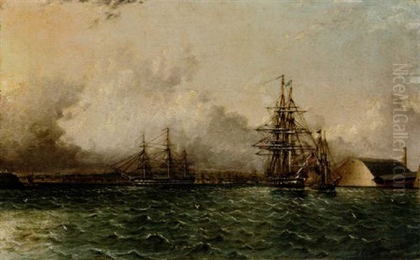 An American 74 Gun Ship In Two Positions Being Towed Off Of Chapman's Dock And The Old Brooklyn Navy Yard, East River New York Oil Painting by James Edward Buttersworth