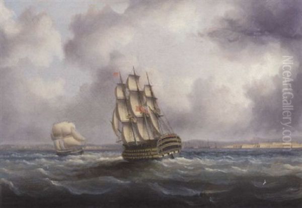 A British First Rate In The Atlantic With Cadiz Off To Starboard Oil Painting by James Edward Buttersworth