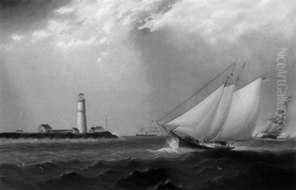 Schooner And Vessels Off The New England Coast With A Lighthouse In The Distance Oil Painting by James Edward Buttersworth