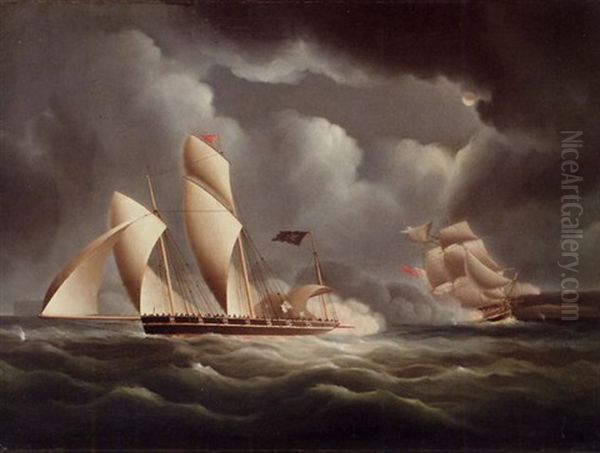 A British Frigate Attacking A Pirate Lugger At Night Oil Painting by James Edward Buttersworth