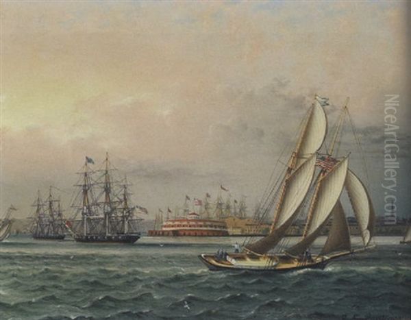 A Steady Breeze Off The Battery, New York Harbor Oil Painting by James Edward Buttersworth